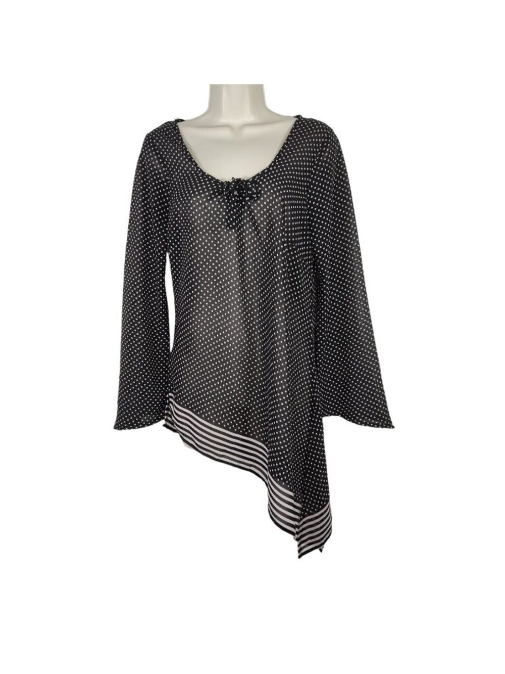 Millenium Black Polka Dot Top Asymmetrical Women Size M Sheer Long Sleeve Y2K